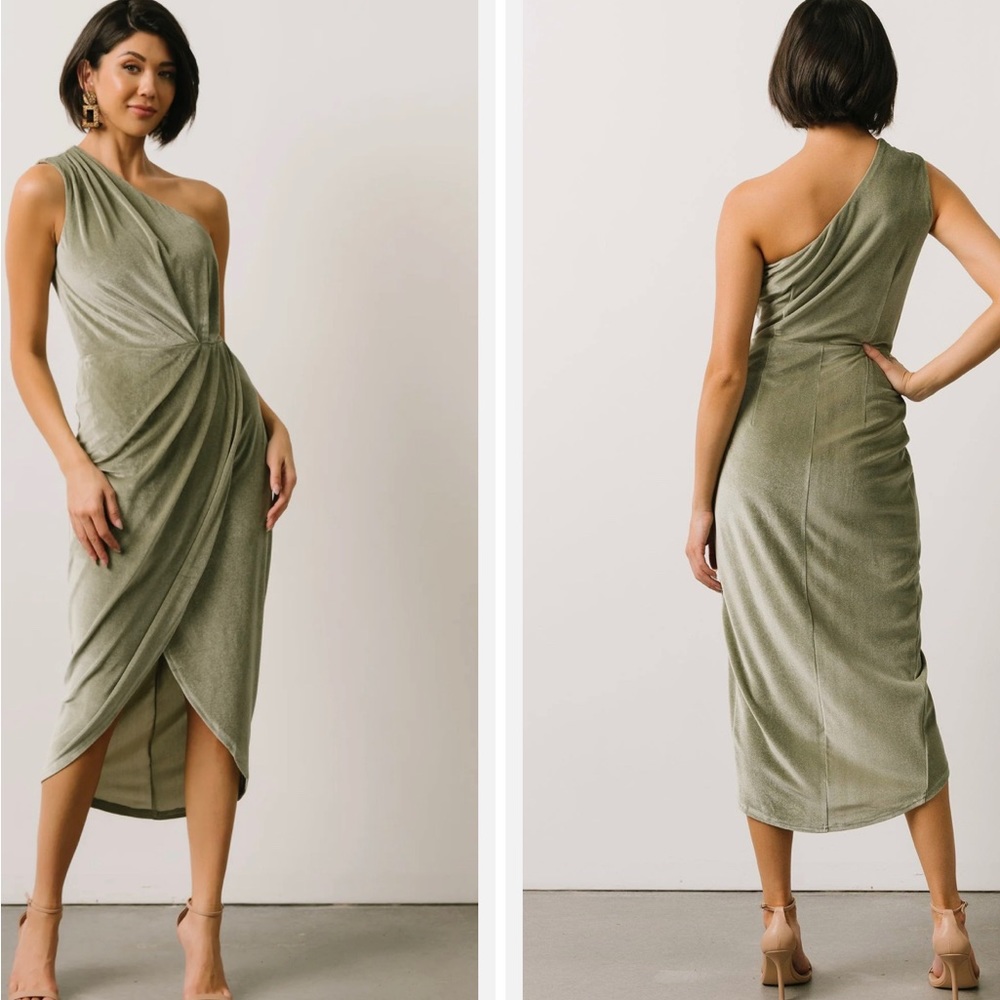 Baltic Born Kourtney Velvet One Shoulder Midi Dress Sage Green Medium